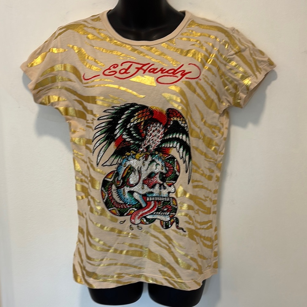 Deadstock Gold Foil Animal Print Tee Rhinestone Embellished Des… - Picture 1 of 6
